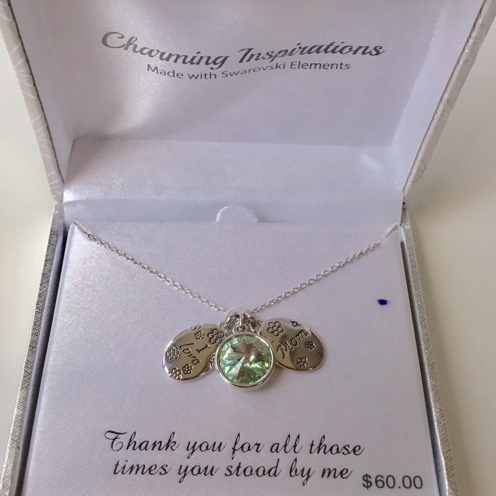 NIB Swarovski Crystal Mom Necklace Peridot Crystal Silver-tone Chain 3 Charms